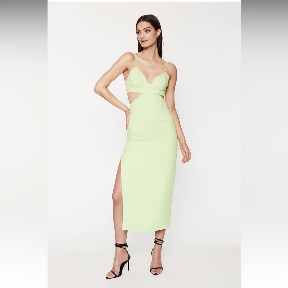 Cut out midi slit Bardot dress in lime